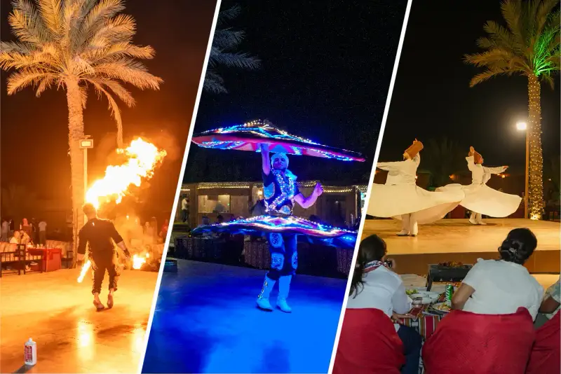 Live fire and tanoura performances at the desert camp